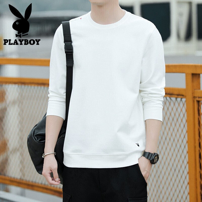 Playboy sweater men's round neck 2021 autumn winter Korean men's sweater trend casual loose long sleeve t-shirt men's solid color Top Men's white M
