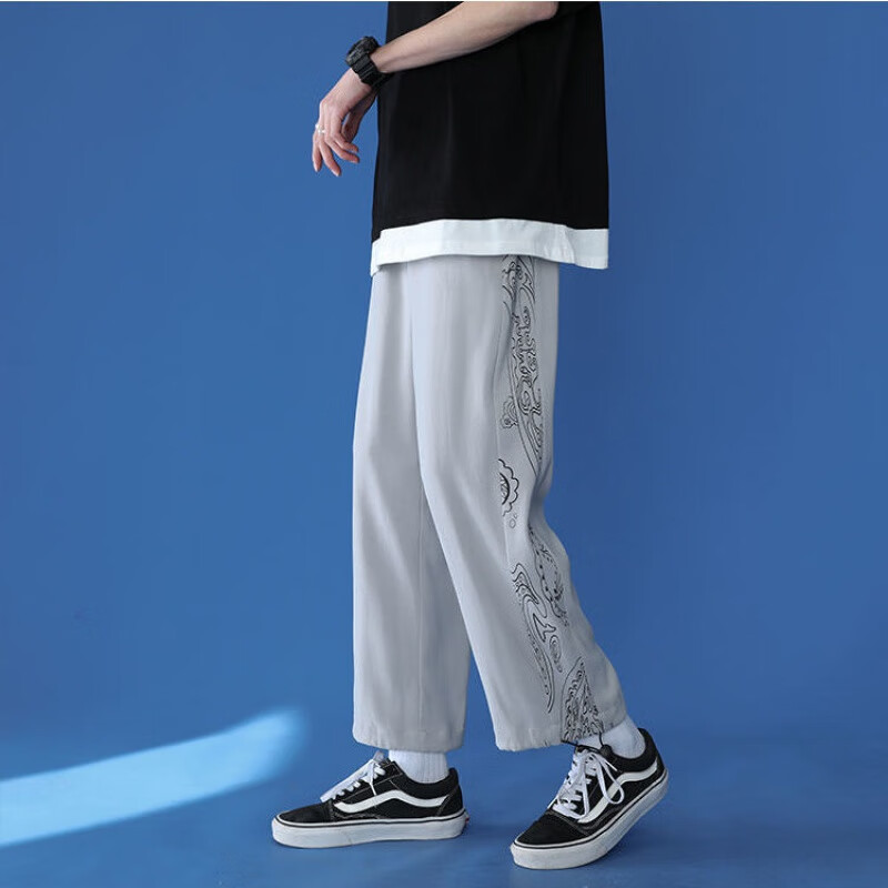 9-point casual pants men's spring and autumn thin style loose legged drawstring trendy men's high street 9-point straight tube wide leg pants