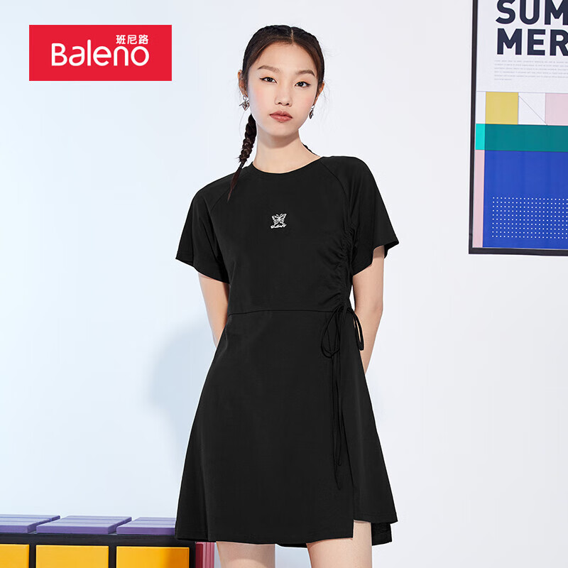 Baleno dress 2021 summer women's drawstring slim short sleeve dress design sense of minority high waist A-line skirt 001a Black s