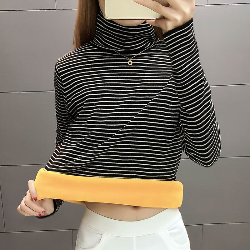 2021 new autumn and winter thin T-shirt with horizontal stripe bottoming shirt women's Plush high neck slim fitting long sleeve inner top sn7623