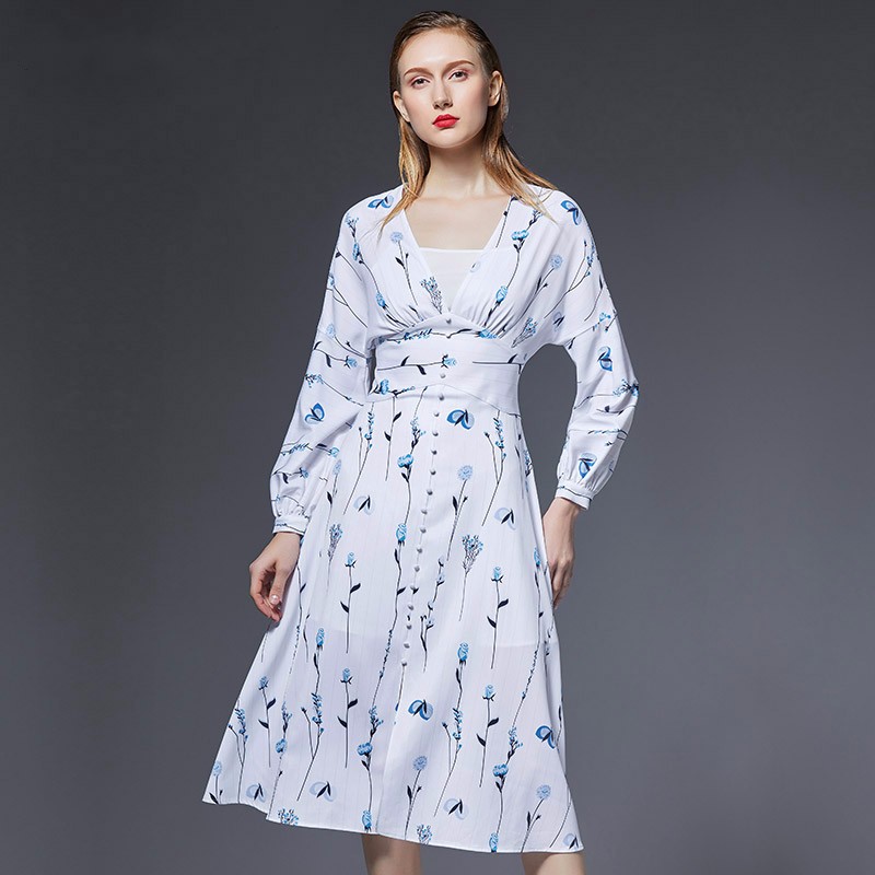 [no return or replacement for non quality problems] fleurwood new women's spring dress V-neck medium and long printed dress women's a-word holiday dress is thin