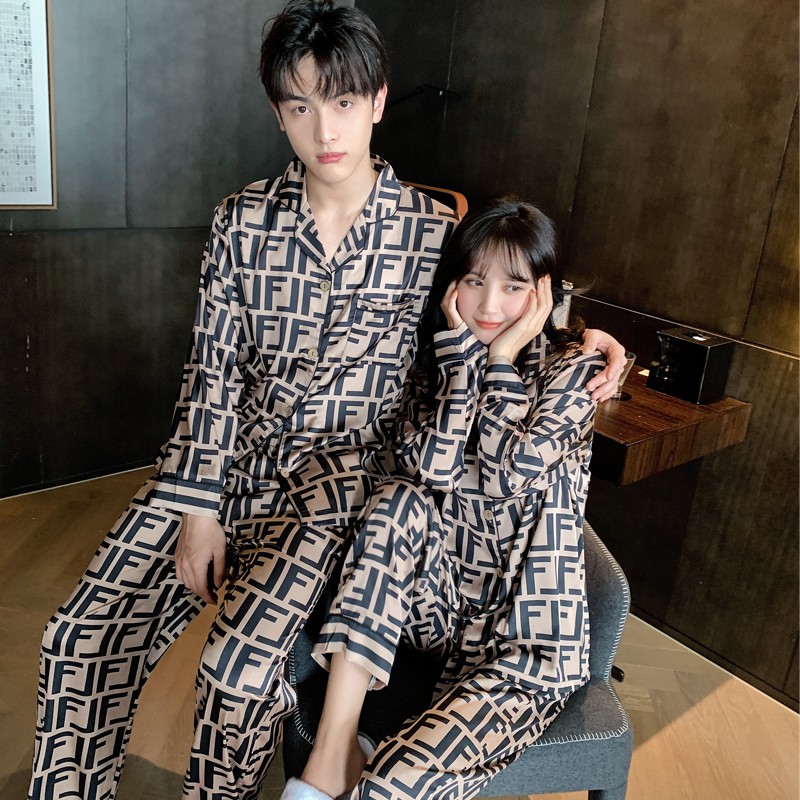 Pinkdackeb double FF ice couple pajamas women spring and summer long sleeves fashion foreign style men's home clothes thin suit