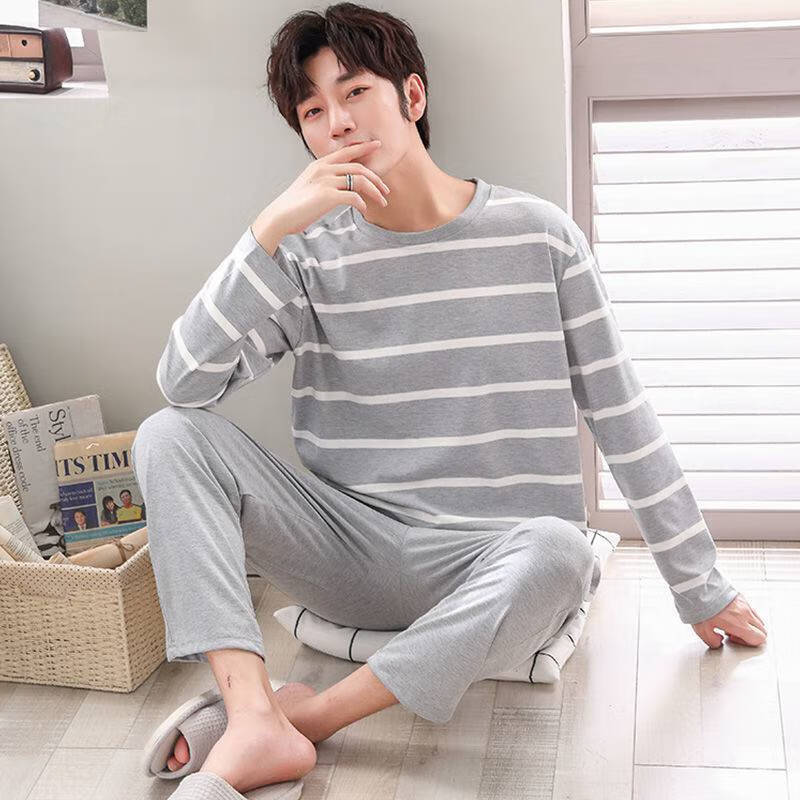 Beifei men's pajamas men's spring and autumn long sleeved cotton thin youth fattening plus size home clothes set can be worn out in autumn and winter Beifei men's pajamas men's spring and autumn long sleeved cotton thin youth fattening plus size home clothes set can be worn out in autumn and winter