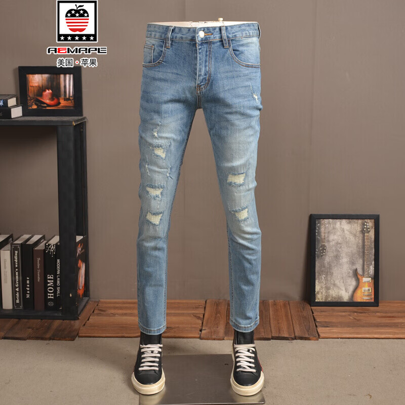 Aemape / American apple light pierced jeans men's elastic fashion brand slim fit small straight tube retro patch pants
