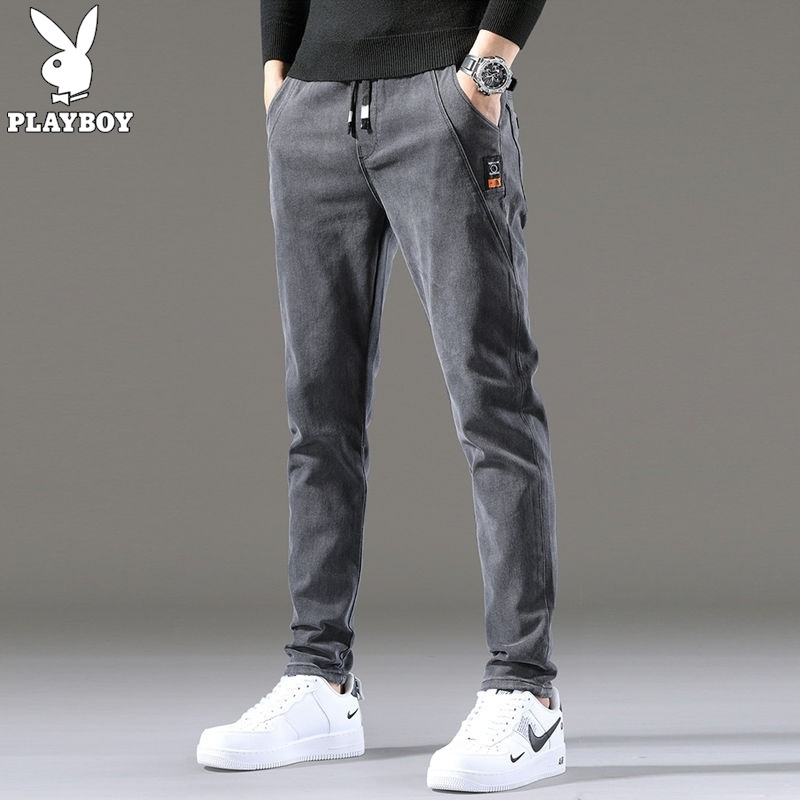 Playboy jeans men's summer fashion men's casual Korean fashion elastic slim fit pants men's spring and autumn tide brand thin lace up drawstring nine point trousers youth business small foot straight pants
