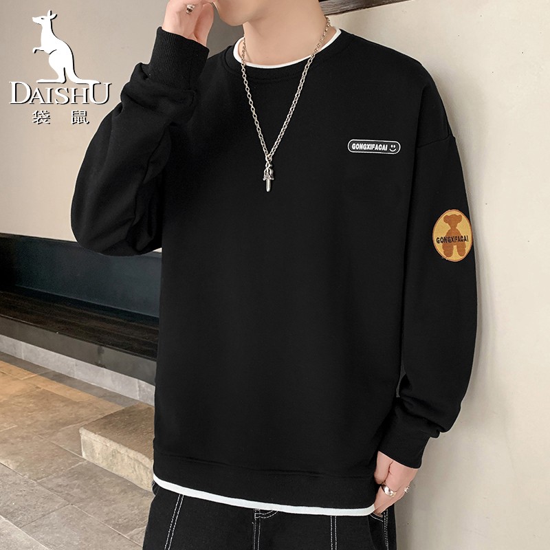 Kangaroo Daishu long sleeved sweater men's autumn winter round neck trendy Pullover large loose long t men's top youth fashion embroidery printing non iron bottoming shirt men's clothes XY 5579