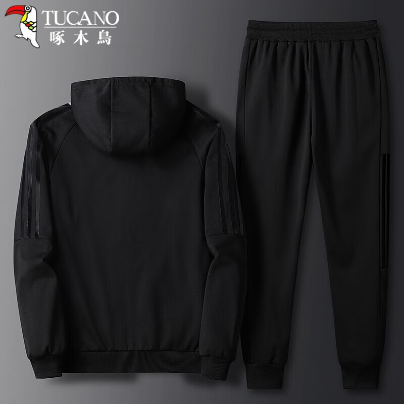 Woodpecker (Tucano) sweater suit men 2022 spring and autumn solid color hooded fashion casual pants cardigan sportswear coat men's two-piece set black M