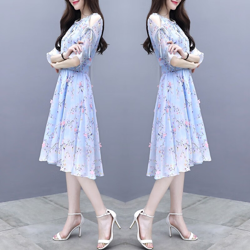 Lifeili Chiffon Dress 2022 new summer new Korean version small man fashionable loose and thin fragrant wind fairy a word medium long waist closing floral skirt fashion