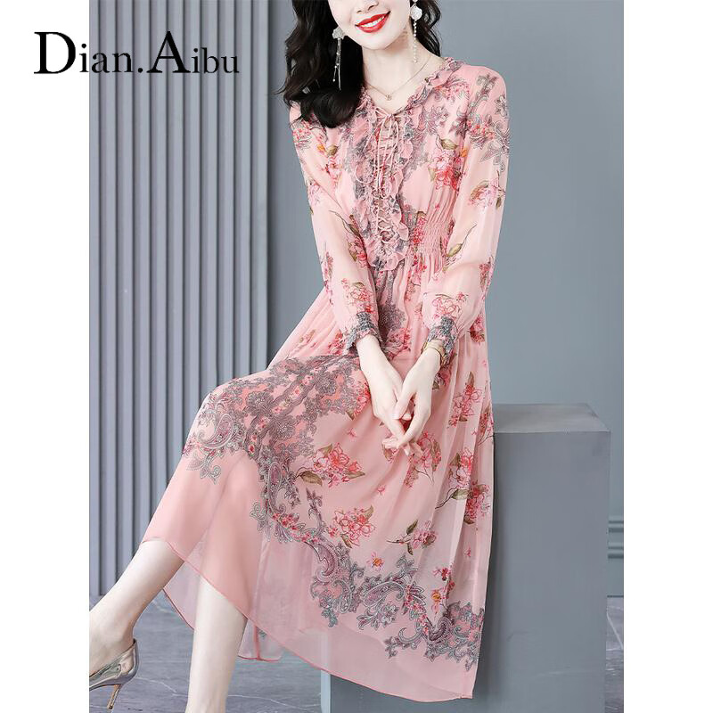 Dian. Aibu brand silk dress women's 2022 spring new French gentle wind mulberry silk waist closing temperament Floral Dress
