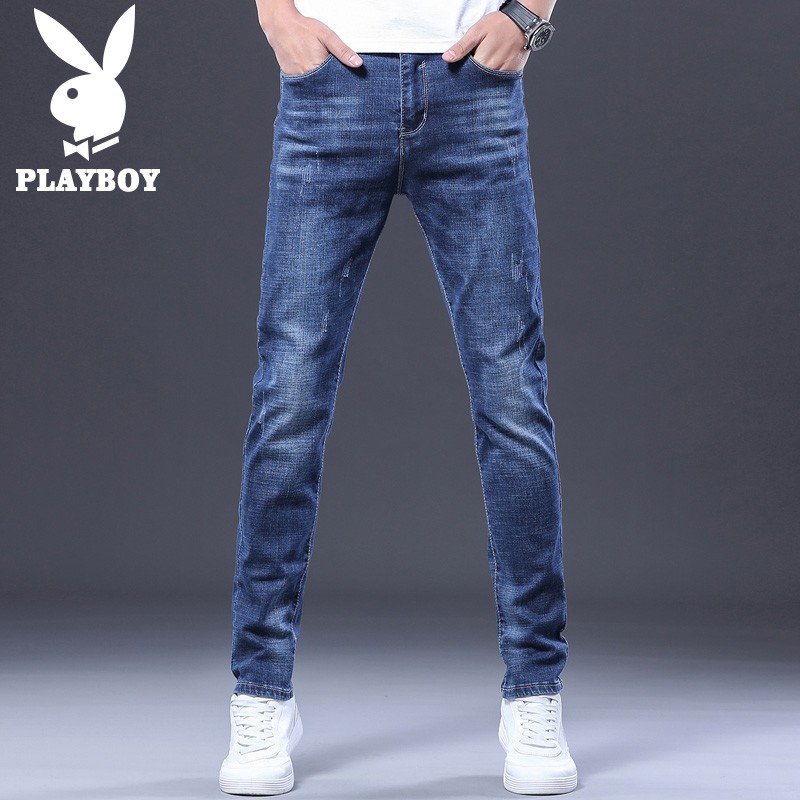 Playboy jeans men's slim Leggings spring and summer fashion trend retro made new men's pants young students elastic versatile ice oxygen bar long pants