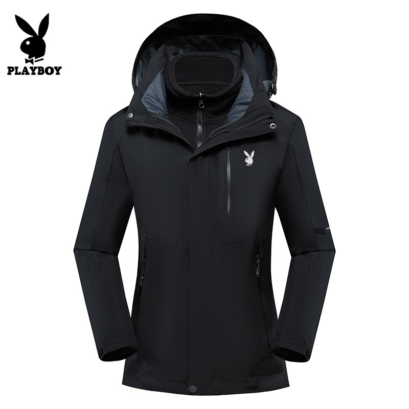 Playboy stormsuit three in one men's and women's autumn winter couple new fashion brand two-piece set removable Plush thickened outdoor skiing mountaineering Camping Hiking jacket group purchase custom work clothes