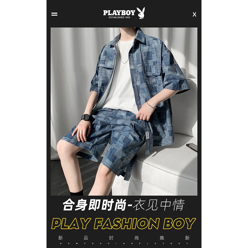 Playboy short sleeve shirt set men's 2022 summer new trend personalized youth Shorts Shirt Men's set men's wear