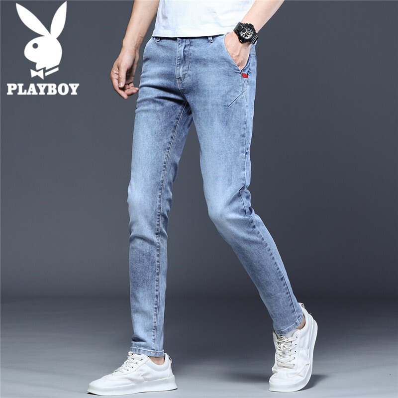 Playboy jeans men's 2021 autumn winter trend slim fit elastic long pants men's pants light blue 30