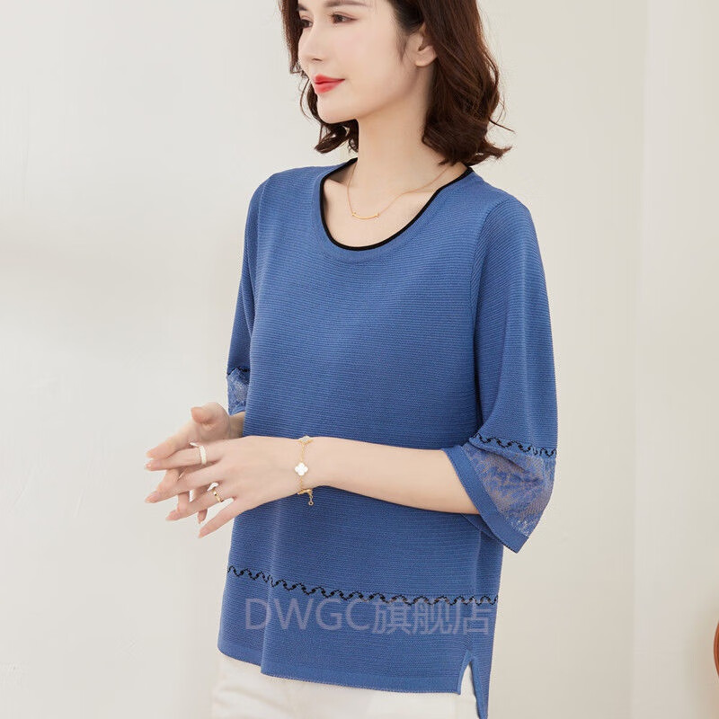 Dwgc summer thin short stature women's short sleeved sweater 2022 morning women's loose top middle-aged mother