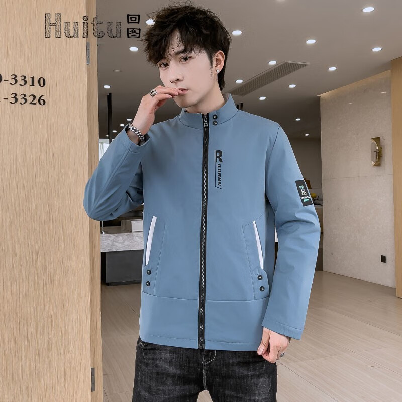Back to the picture jacket men's spring and autumn Plush thickened style fashion Korean slim fit casual men's wear men's spring clothes men's stand collar solid color short spring clothes hoodless warm jacket