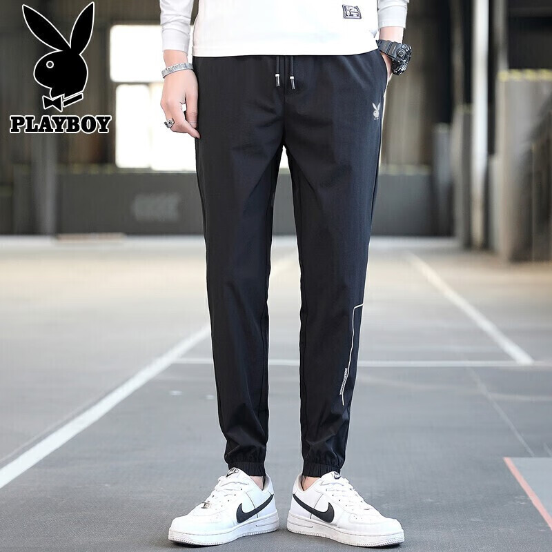 Playboy casual pants men's 2021 autumn winter small leg pants men's Korean elastic Leggings trend men's Pants Black XL