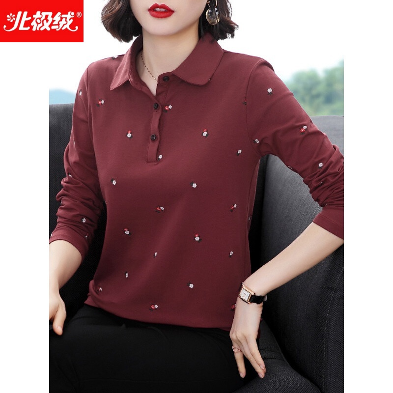 Arctic velvet high-end women's T-shirt women's Cotton Top Long Sleeve Lapel middle-aged spring and summer mother's T-shirt cotton bottomed shirt large ‏ L size slim fashion dress