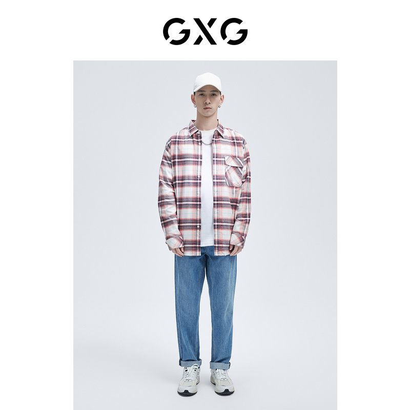 GXG men's spring shopping mall same Pink Plaid port style long sleeve shirt men's shirt top fashion