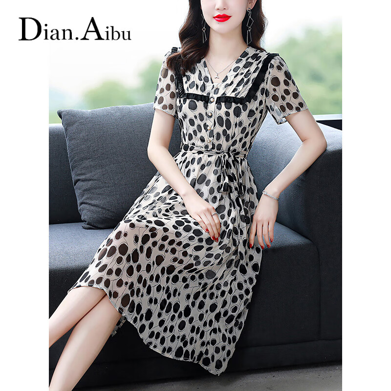 Dian. Aibu brand chiffon dress women's new style in summer 2022 your lady's slim fit Navy style aging elegant wave dot printed skirt