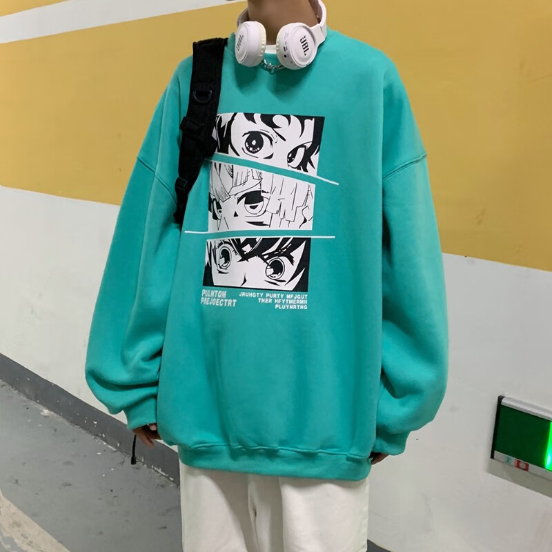 True color sweater men's trend ins style Korean version two-dimensional cartoon printed round neck loose coat student ruffian handsome versatile hip-hop bottomed Shirt Top