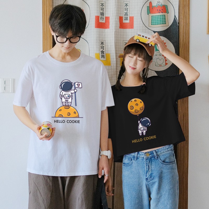 (two pieces) love couple summer short sleeved T-shirt with navel exposed short suit new astronaut one man and one woman loose leisure port style student short sleeved top custom