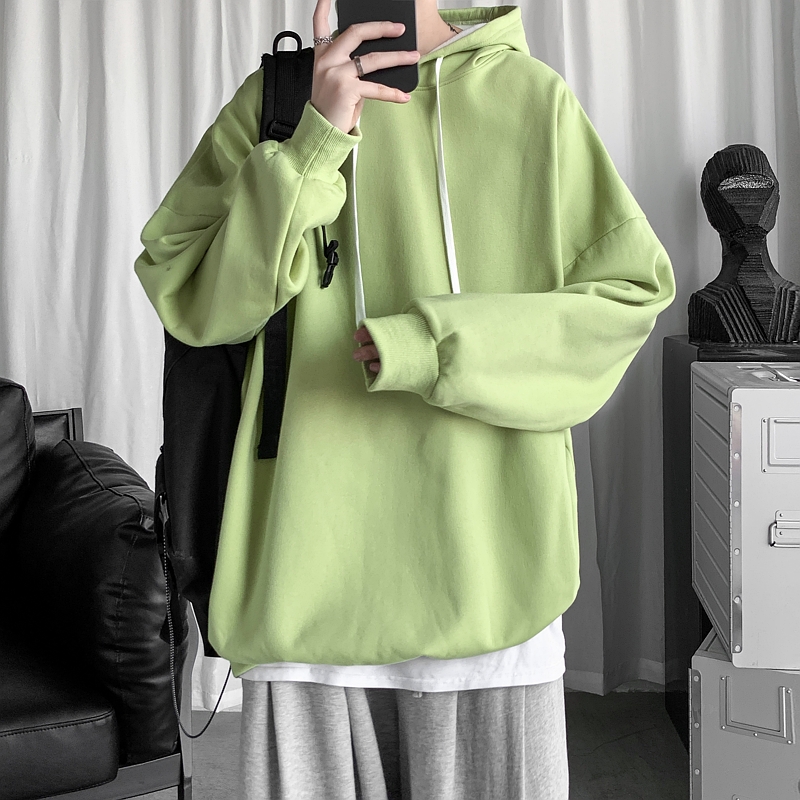 Solid color Plush sweater men's autumn new youth student hooded harbor style plus size clothes loose and versatile pocket less fashion coat lovers' silhouette green L