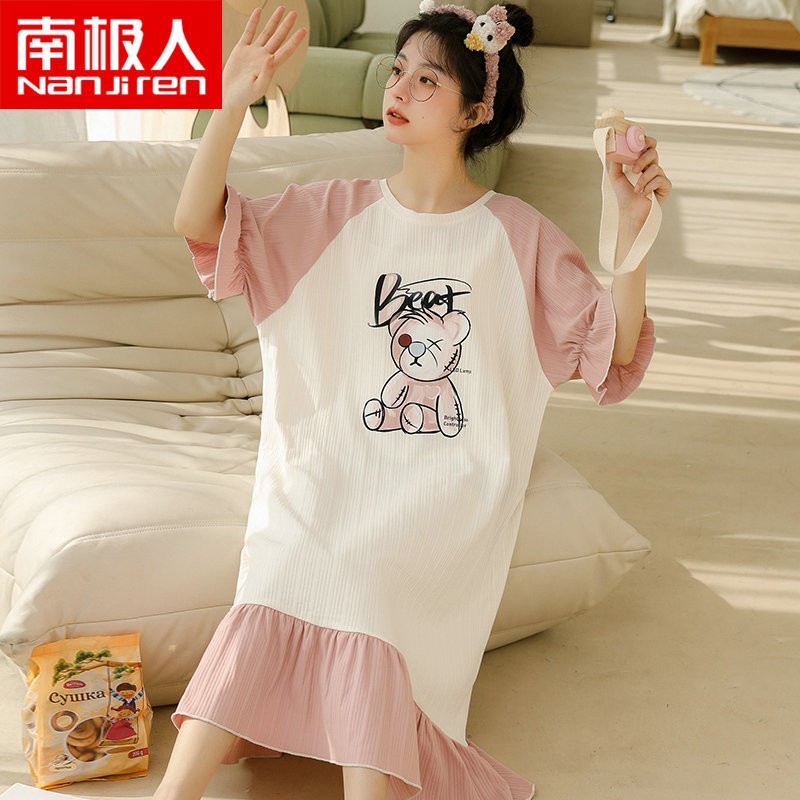 Antarctica nightdress female summer Nightgown female summer cotton short sleeve loose princess style lovely cartoon girl can wear student dress women's home clothes