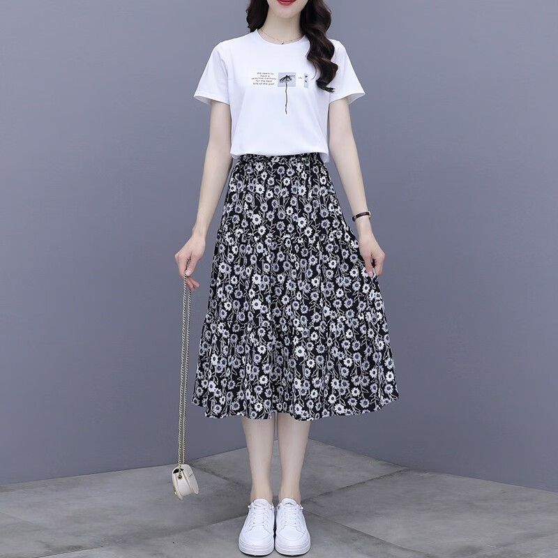 Floating dress with shadow clothes women's 2022 new women's wear high waist thin suit T-shirt + skirt two dresses women