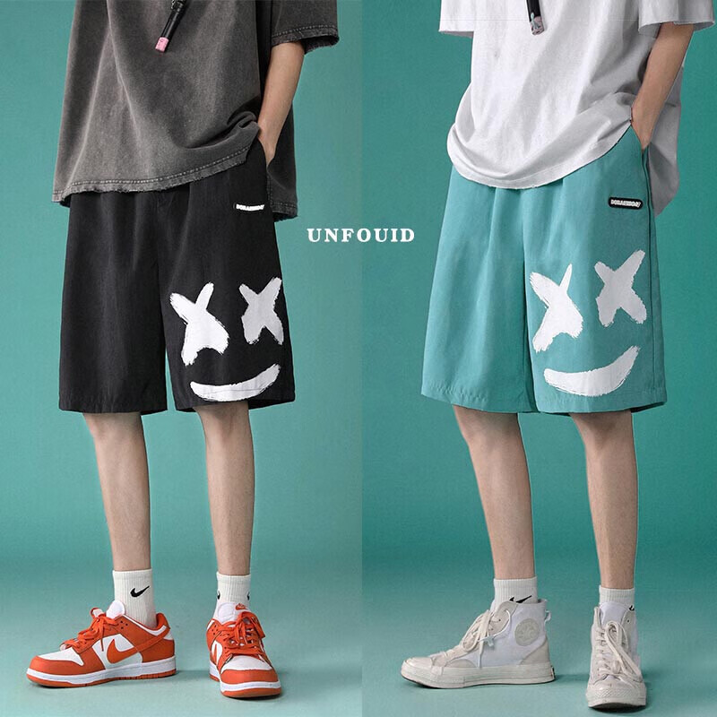 Saguan @ smiley face printed shorts men's 2022 summer new loose wear sports straight pants trend beach Capris men's youth Korean Hong Kong style casual pants