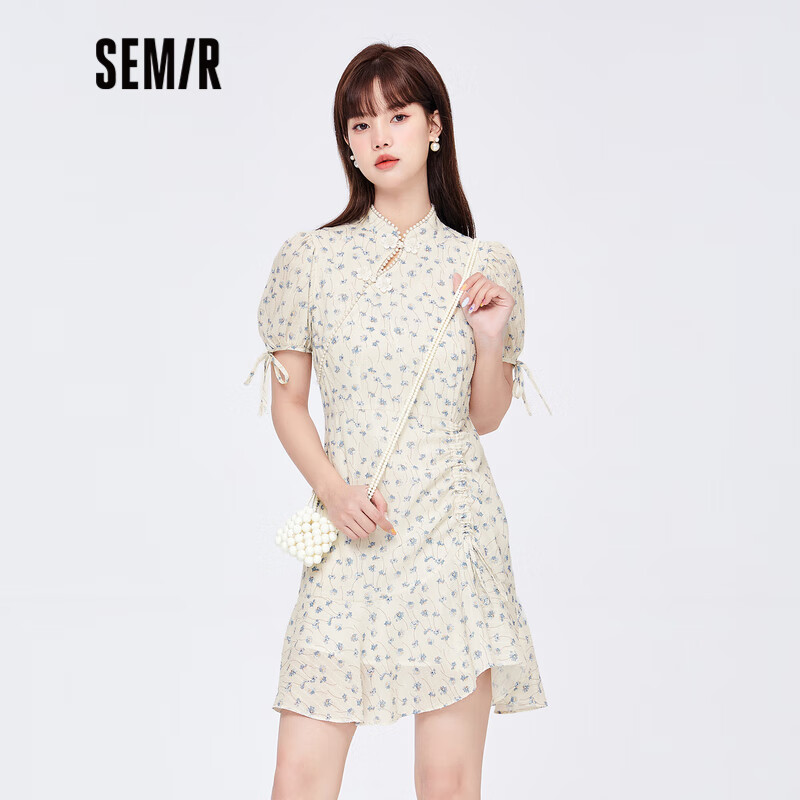 Senma dress women's small stand collar buckle national style hollow drawstring 2022 summer new Chiffon floral skirt romantic