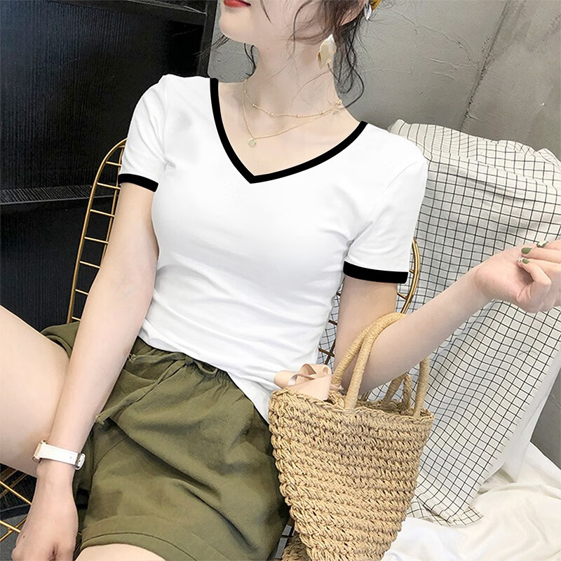 Rktr cotton short sleeved T-shirt women's summer clothes new foreign style white half sleeved V-neck top