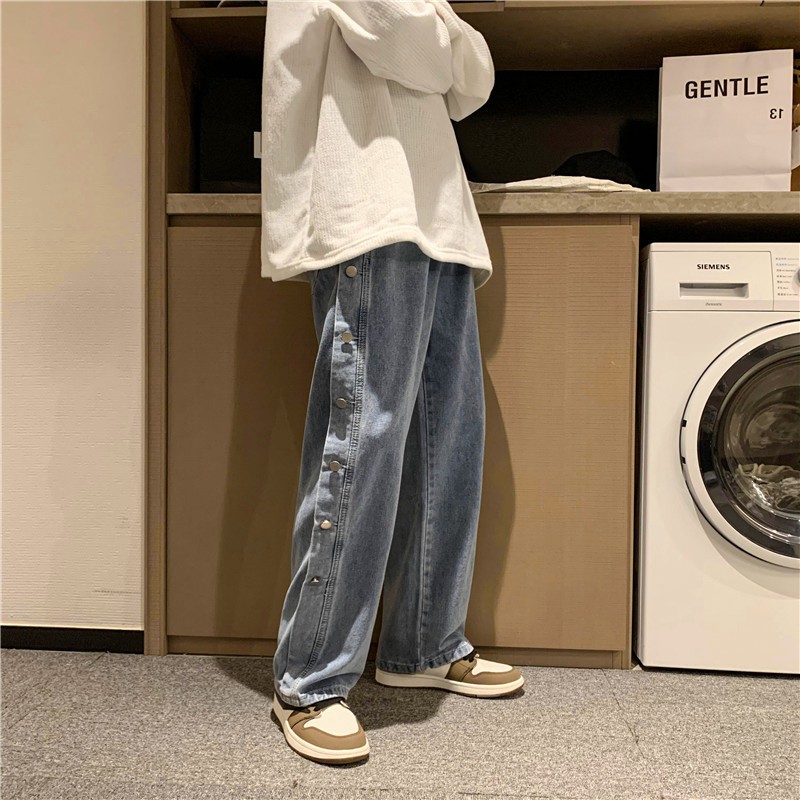 @Ningla jeans men's 2022 summer new solid color breasted wide leg straight pants Hong Kong Style ins loose and simple pants teenagers' versatile fashion pants
