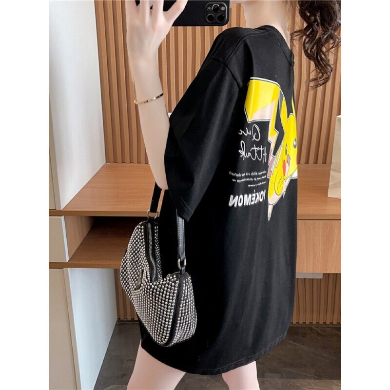 Xiaolai monkey 2022 spring and summer loose lazy wind short sleeved T-shirt women's Korean version medium and long bottomed shirt aging cartoon printed top