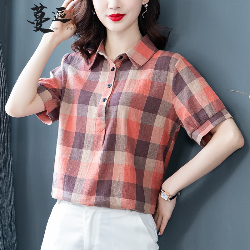 Manyu short sleeved Plaid Shirt women's Korean version 2022 summer new fashion casual women's wear middle-aged mother's Plaid Shirt loose, thin, age reducing, elegant and versatile Shirt Top