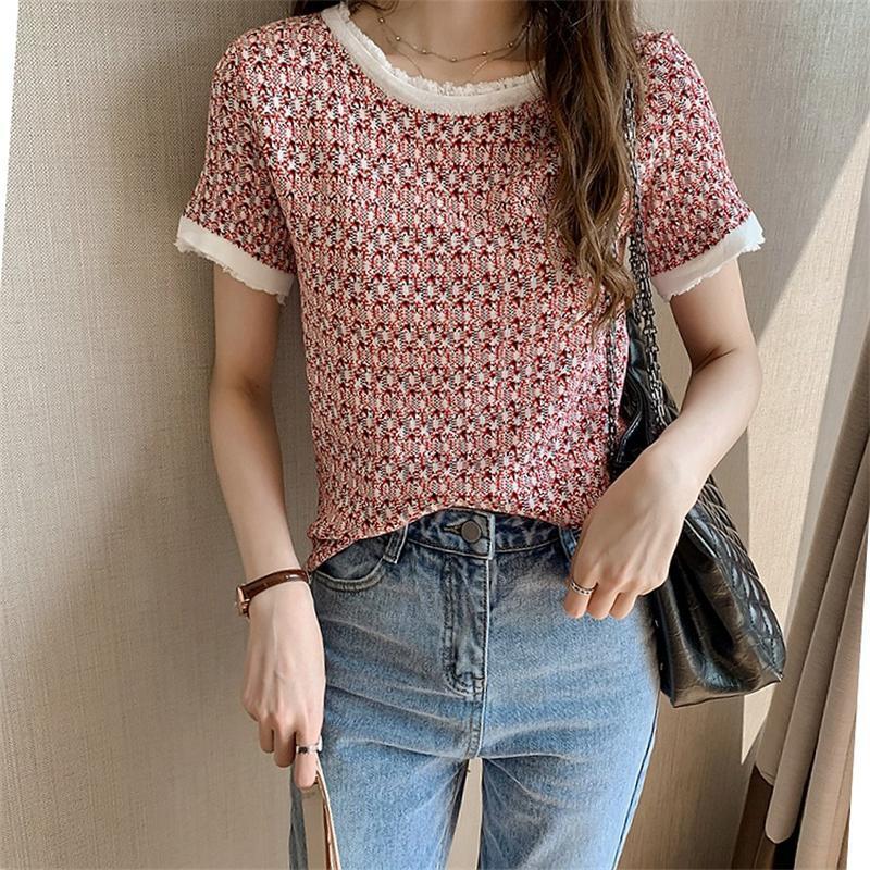 La Chapelle Homme ice silk knitted short sleeve T-shirt women's 2022 summer new Korean round neck loose and thin, versatile half sleeve bottomed top, women's counter