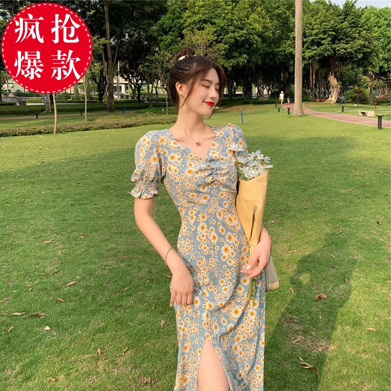 ZA  RA bubble sleeve long dress 2022 summer new sweet women's dress French split Little Daisy floral skirt NASA III  Fu self operated special price leak detection