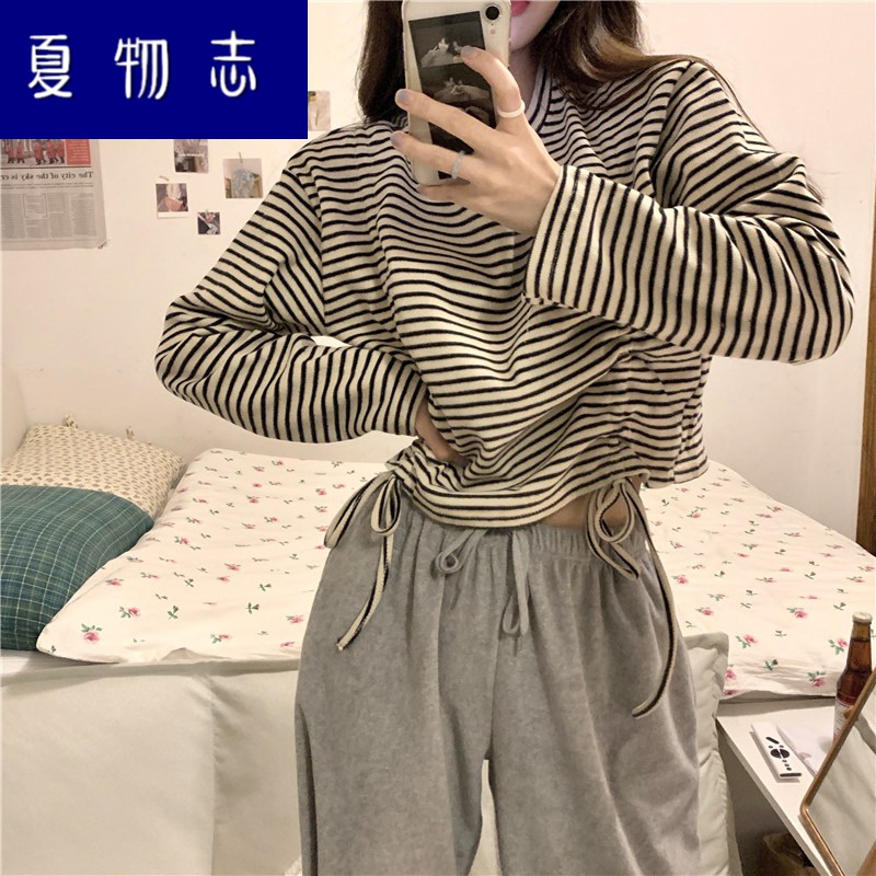 Belly covering black and white striped T-shirt women show waist thin autumn lace up long sleeve bottomed shirt round neck Spice Girl exposed navel T-Shirt Top summer Chronicle