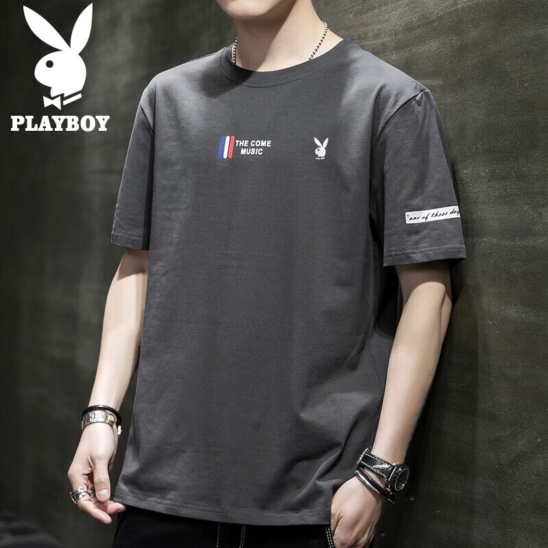 Playboy t-shirt men's short sleeve trend 2021 summer Korean men's T-shirt breathable bottoming shirt round neck top men's grey XL