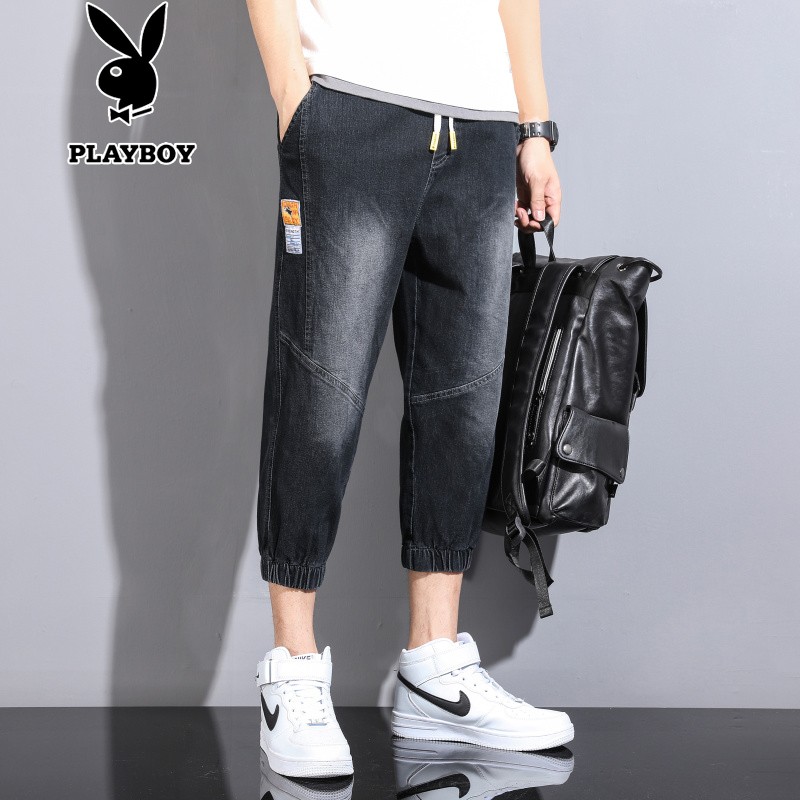 Playboy brand cropped jeans men's summer thin shorts men's legged Harlan pants Korean handsome slim fit trendy casual pants men's middle pants