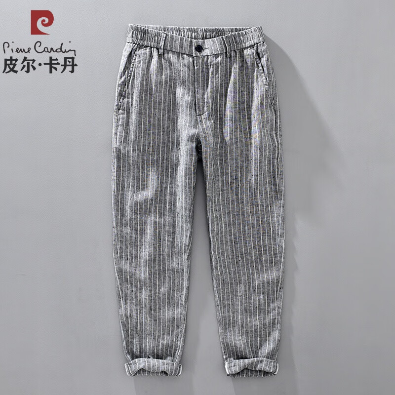 Pilkadan spring and summer striped linen pants nine point pants men's pants Vintage Linen casual pants loose straight cotton linen pants knitted