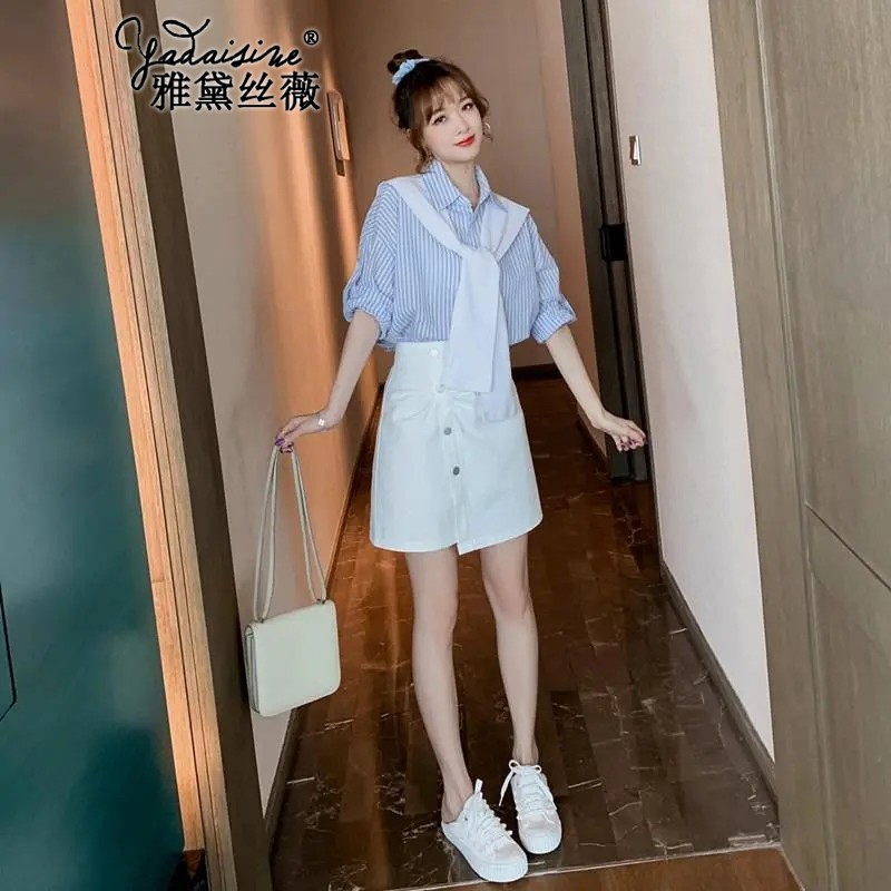 ESTEE Wei dress summer 2022 new Korean version French small man loose thin striped shirt two-piece suit skirt aging small fragrance skirt children