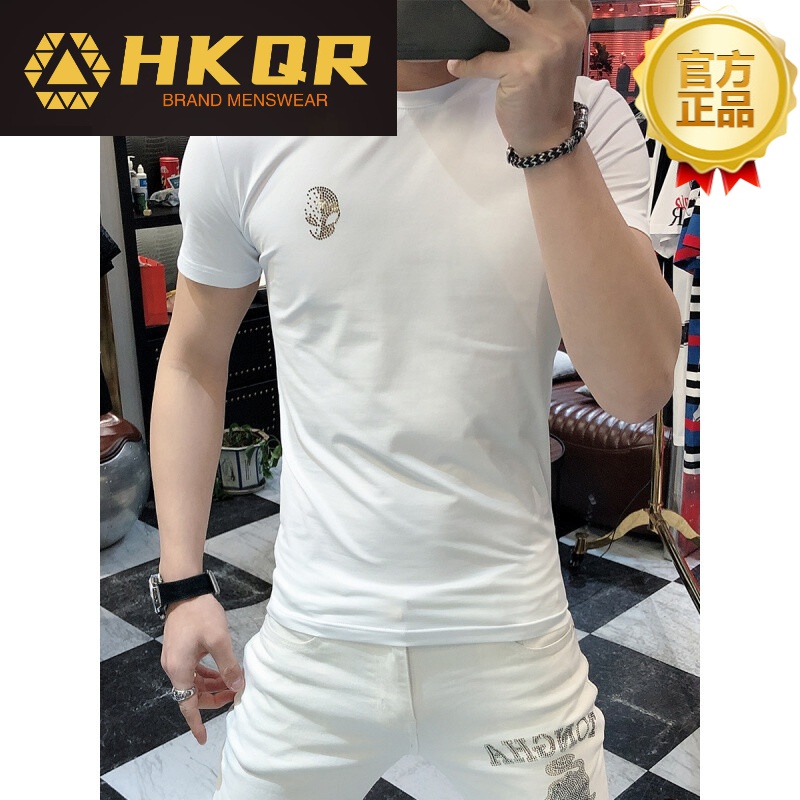 Hkqr high end light luxury brand t-shirt men's middle-aged and young men's European and American style printing network red fried Street short sleeve men's fashion brand half sleeve upper garment leisure round neck fashion trend handsome ha