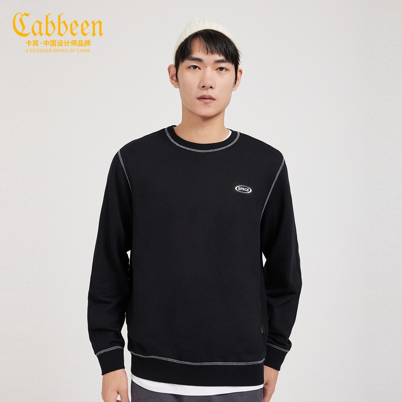 Cabbien / cabin men's wear [Happy Planet Series] round neck long sleeve sweater men's top young men's clothes autumn and winter color contrast line leisure a coal black 01 46 / 165 / S