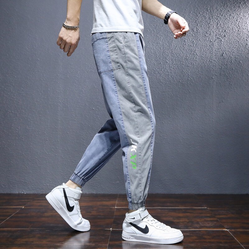 Jaberdo overalls men's casual jeans Leggings spring and summer thin loose breathable fashion brand printing trend versatile large Korean version fat youth slim fit nine point pants fashion men's pants