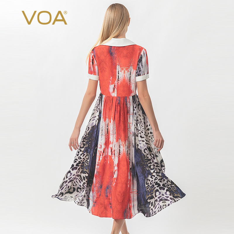 Voa30 mm silk heavy hand-painted Print Flat lapel collar white stitching short sleeve high waist wrap pleated skirt a10709