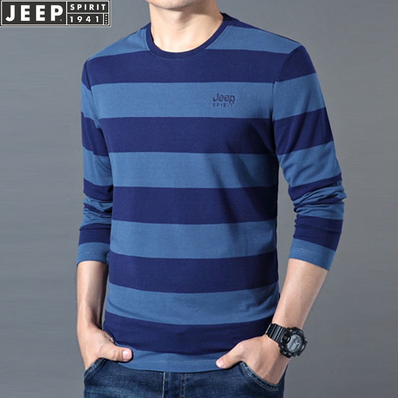 Jeep Jeep long sleeve t-shirt men's round neck spring and autumn new fashion simple stripe embroidery large loose Pullover men's wear