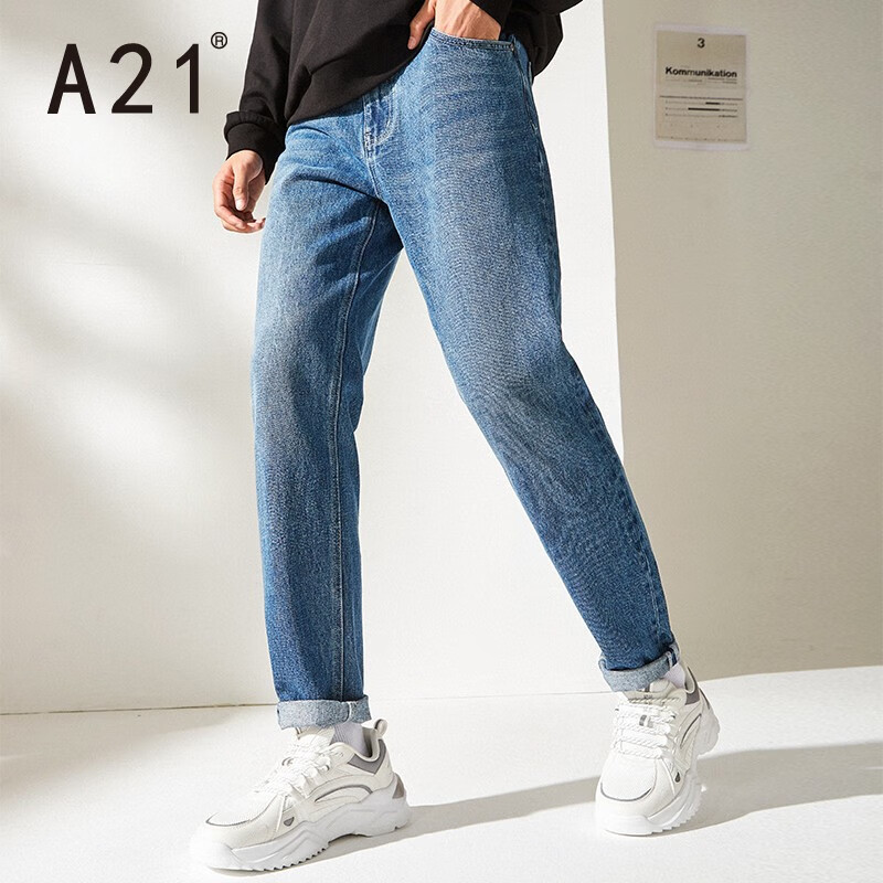 A21 spring and summer new men's wear all cotton denim fit low waist small straight cylinder letter printing embellishment men's trousers trend Street classic versatile jeans