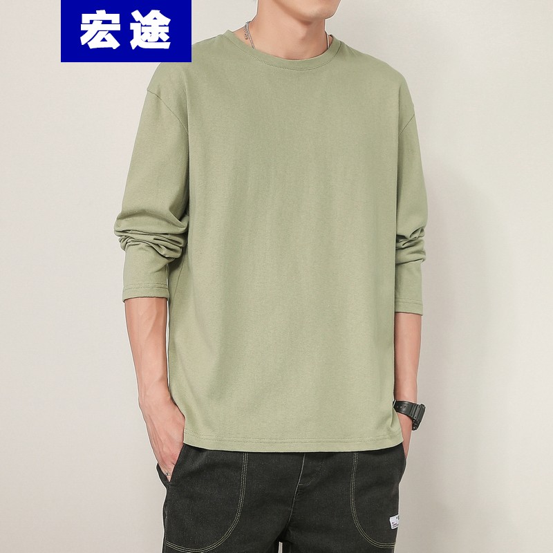 Hongtu cotton long sleeved t-shirt men's loose spring and summer round neck trend with solid color student clothes ins long sleeved T-shirt bottomed shirt men's fashion brand oversized men's shirt