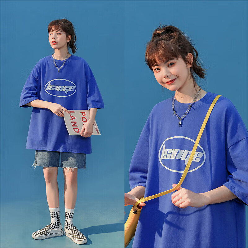 Trendy short sleeve T-shirt women's 2022 new summer port style loose oversize 5-sleeve Klein Blue Girls' fashion clothes