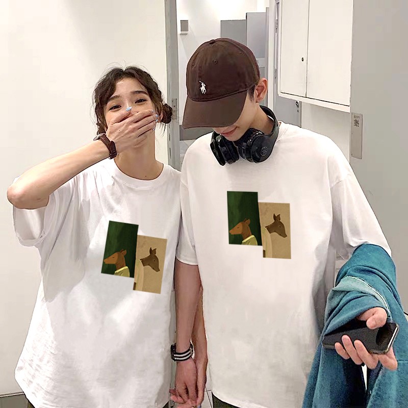 Low key attachment [two pieces] couple clothes summer short sleeve 2022 new wedding photo registration Korean version one man and one woman fashion brand loose and versatile suit student class clothes customization